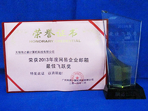 荣获2013年度网易企业邮箱最佳飞跃奖
